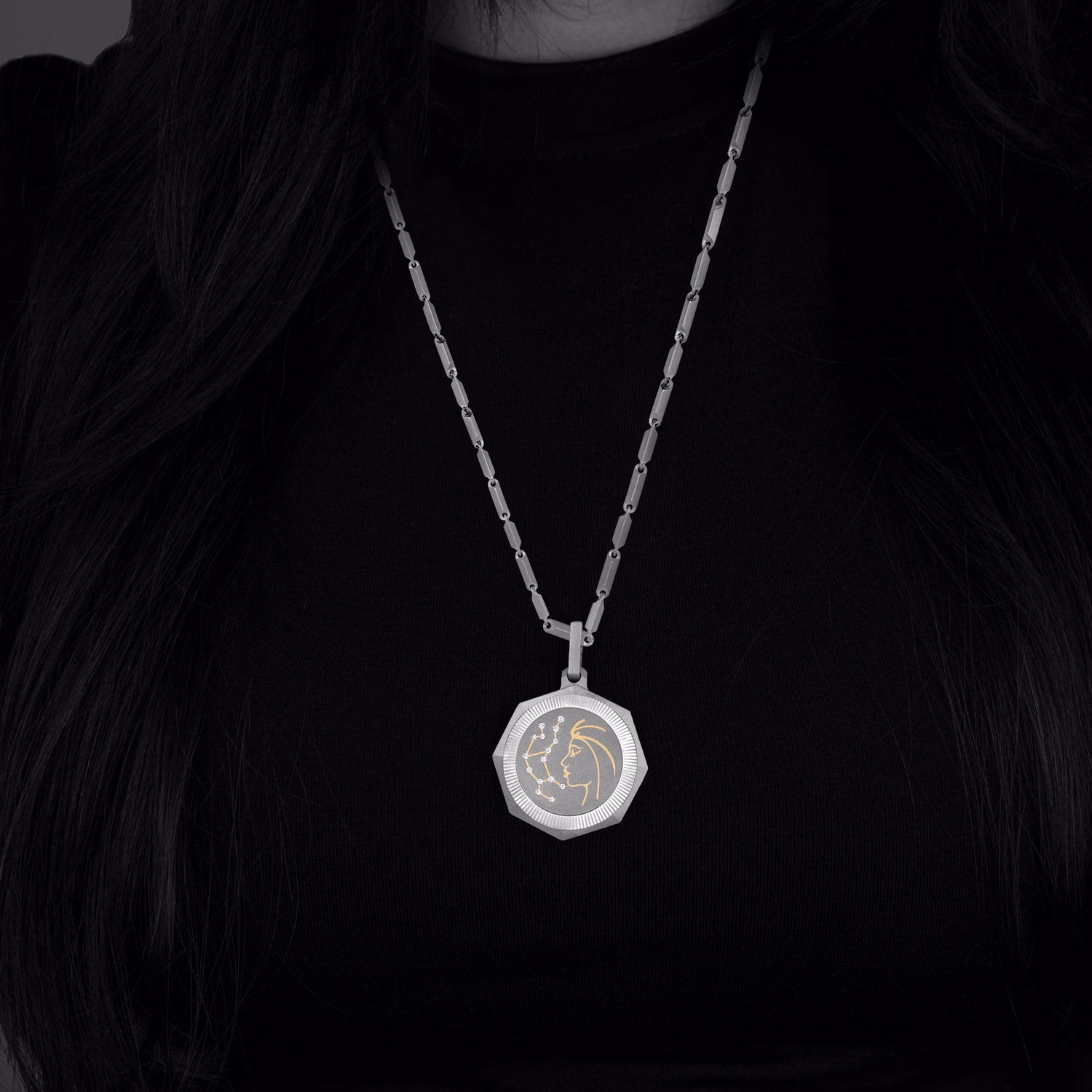 Starlight Virgo pendant, worn close